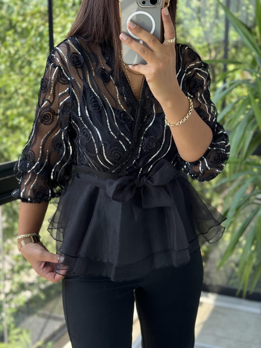 Lüx İthal Payetli Bluz Siyah