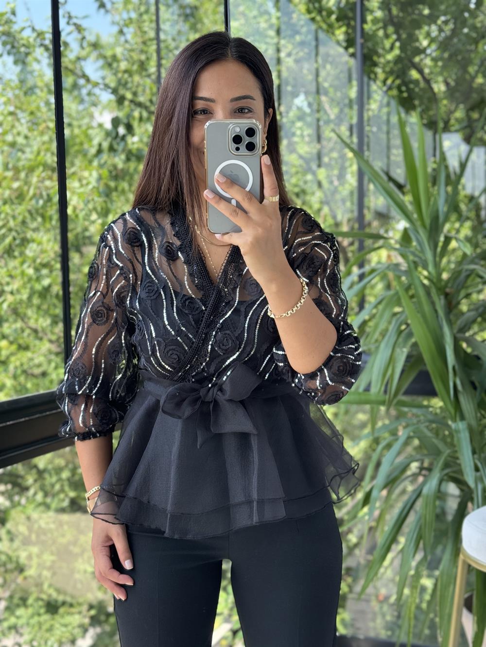 Lüx İthal Payetli Bluz Siyah