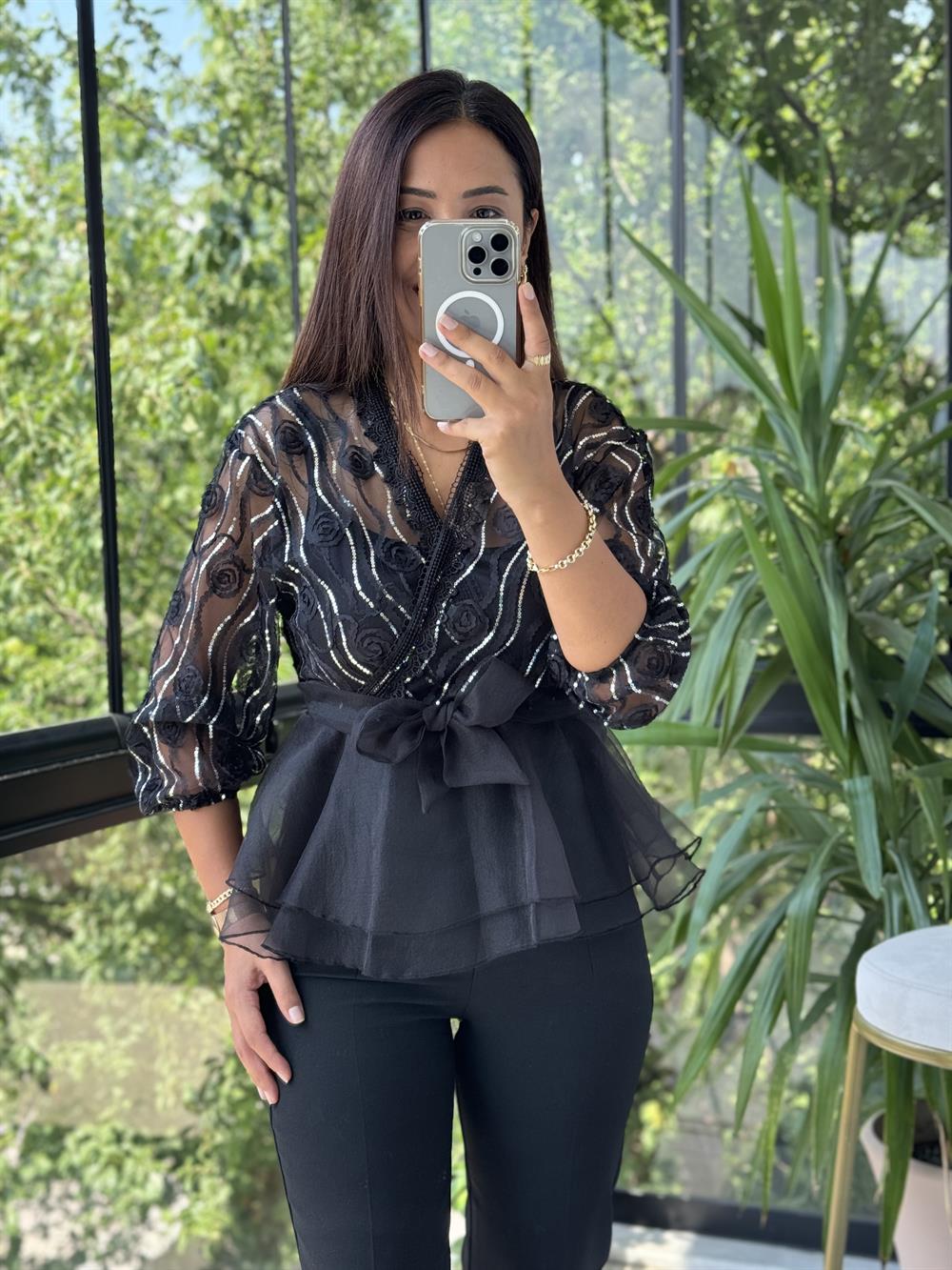 Lüx İthal Payetli Bluz Siyah