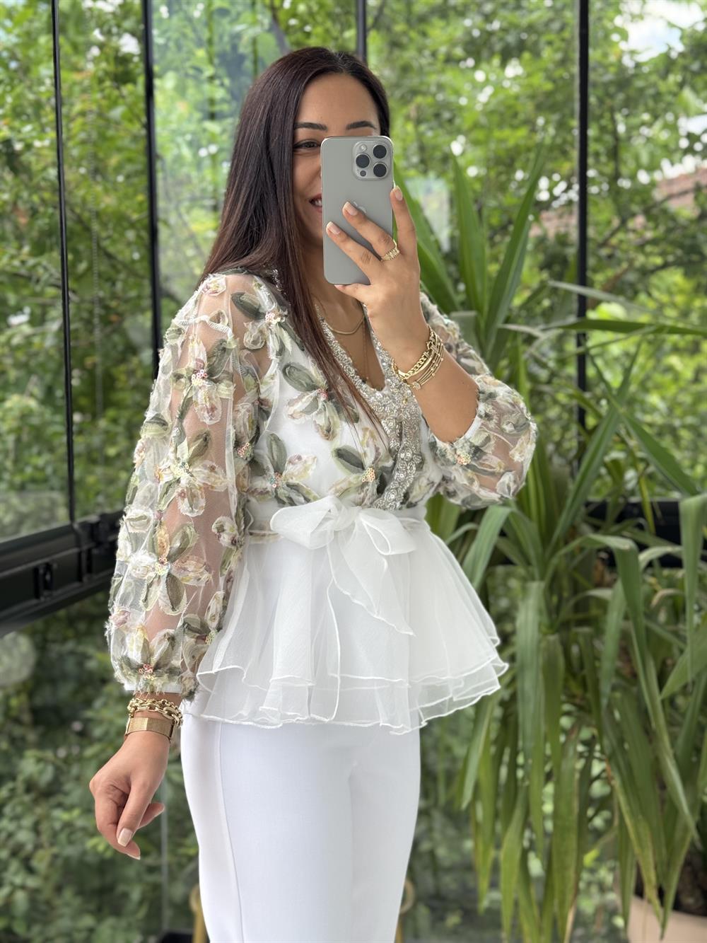 Lüx İthal Tasarım Bluz Haki Yeşili