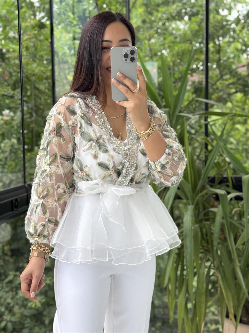 Lüx İthal Tasarım Bluz Haki Yeşili