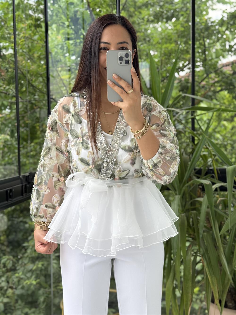 Lüx İthal Tasarım Bluz Haki Yeşili