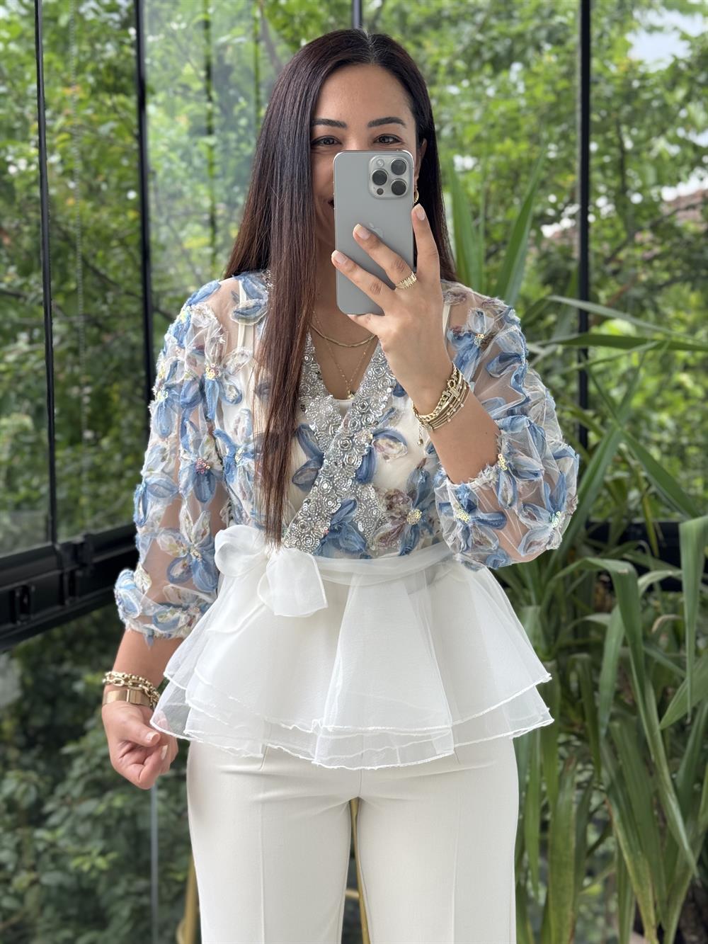 Lüx İthal Tasarım Bluz İndigo Mavi