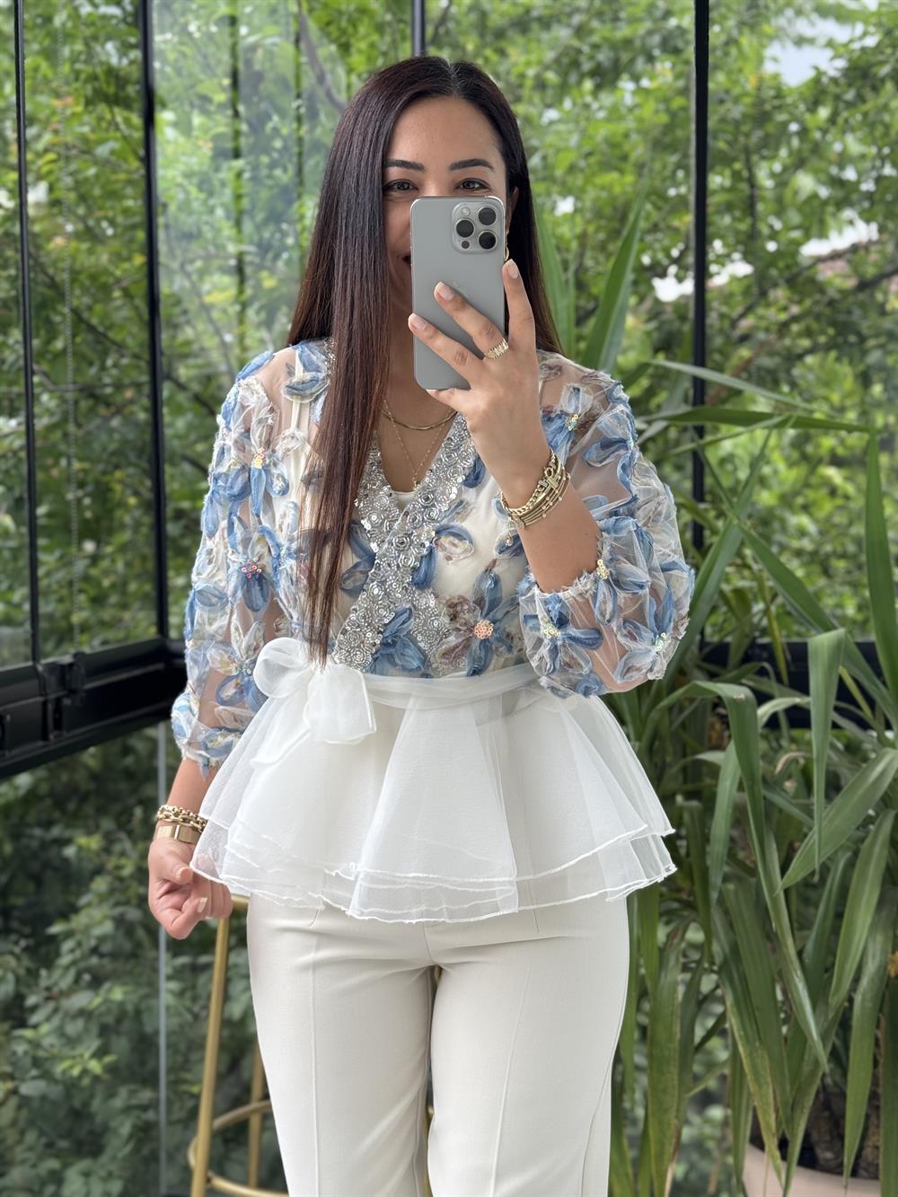 Lüx İthal Tasarım Bluz İndigo Mavi