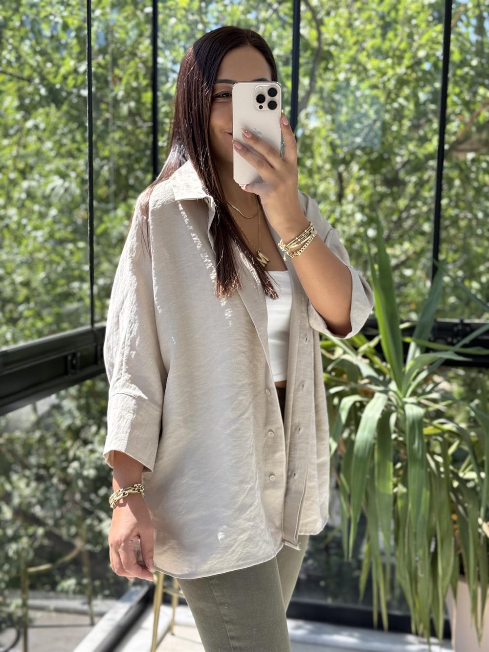 Lüx Seri Oversize Gömlek Bej