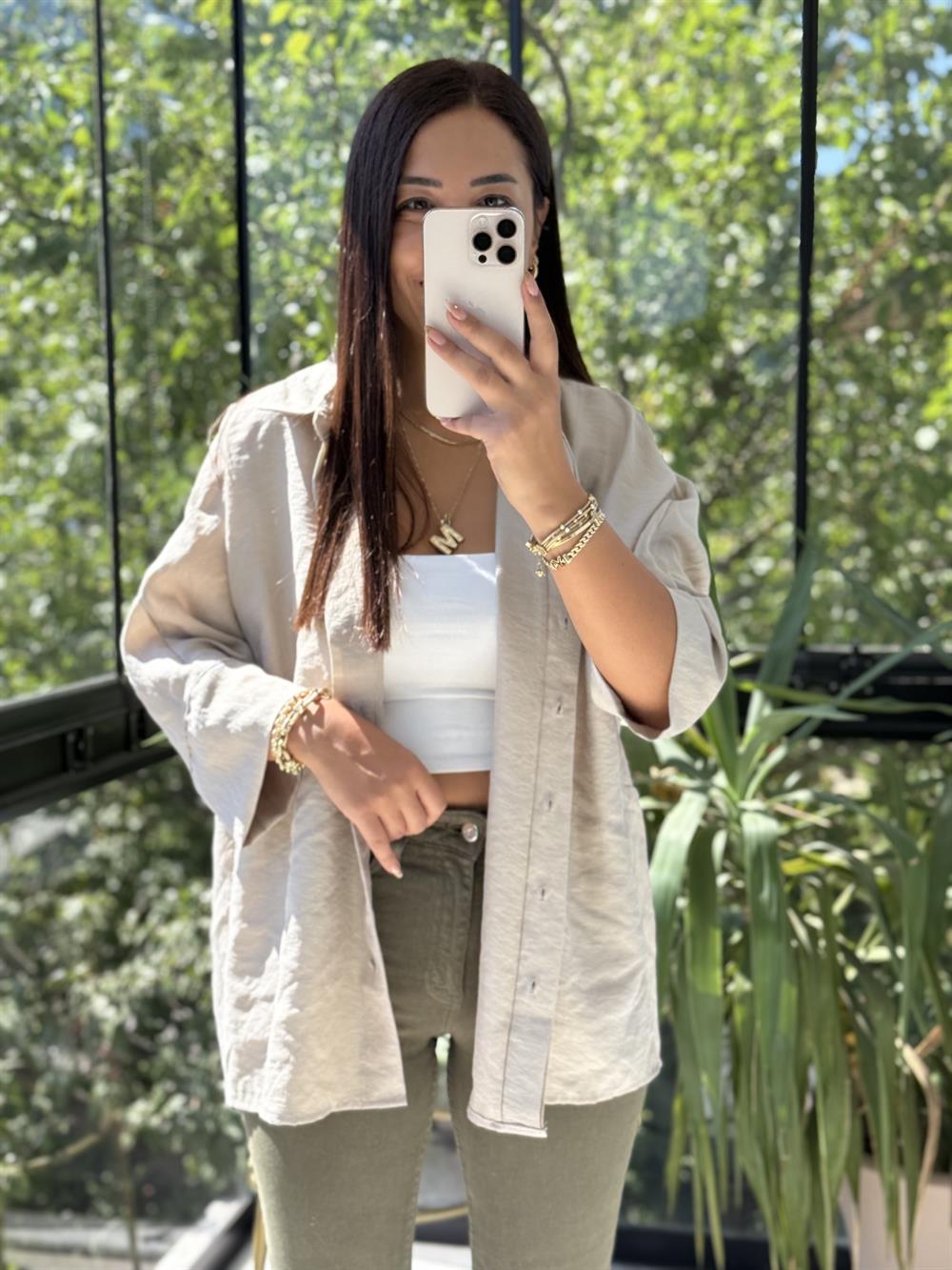 Lüx Seri Oversize Gömlek Bej