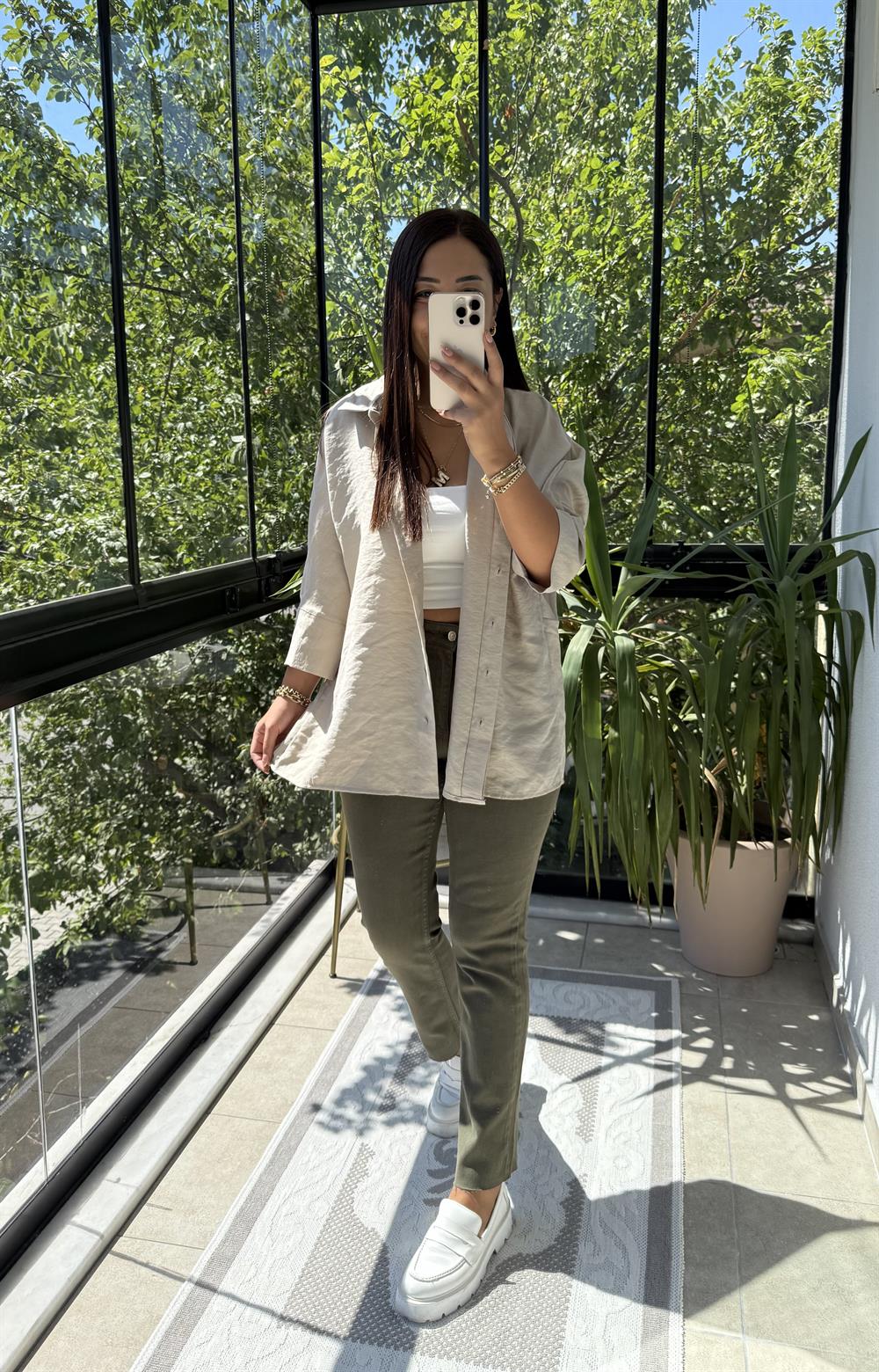 Lüx Seri Oversize Gömlek Bej