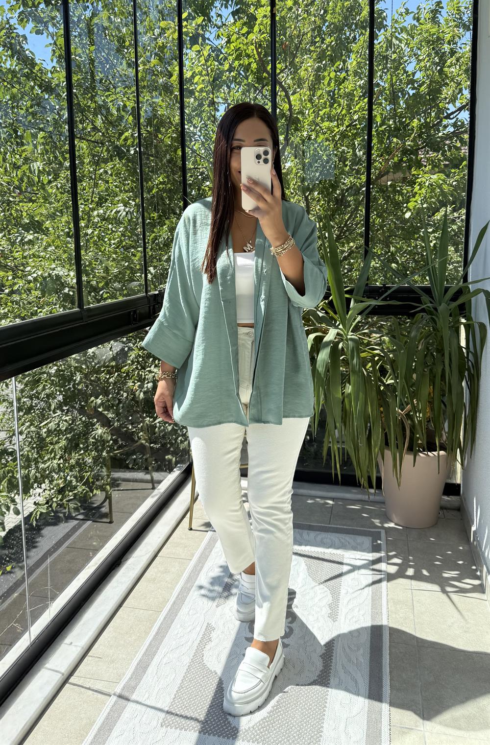 Lüx Seri Oversize Gömlek Çağla Yeşili