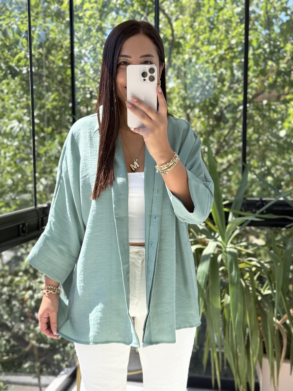 Lüx Seri Oversize Gömlek Çağla Yeşili