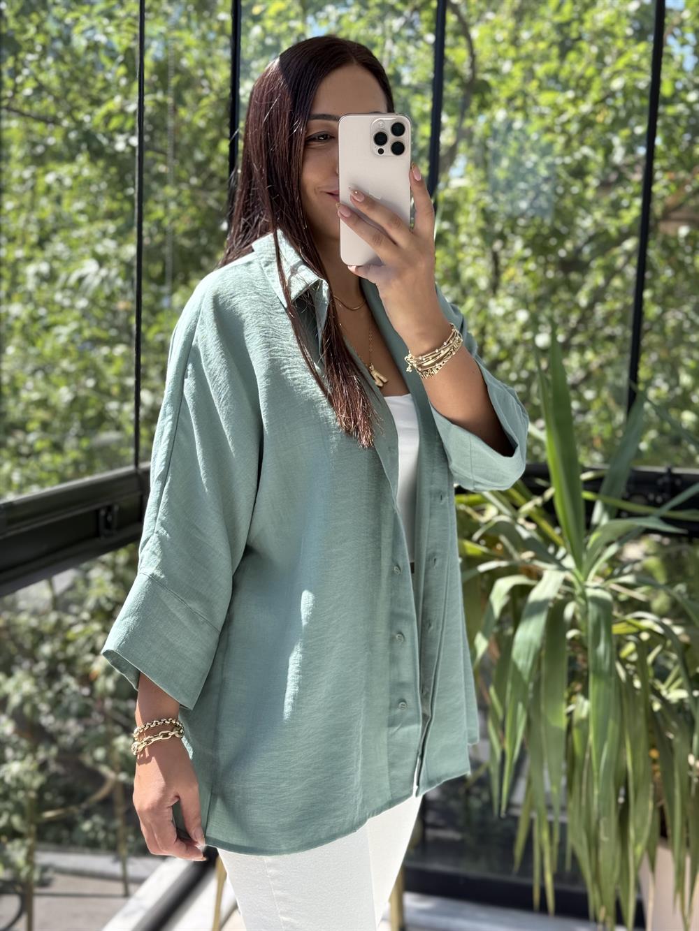 Lüx Seri Oversize Gömlek Çağla Yeşili