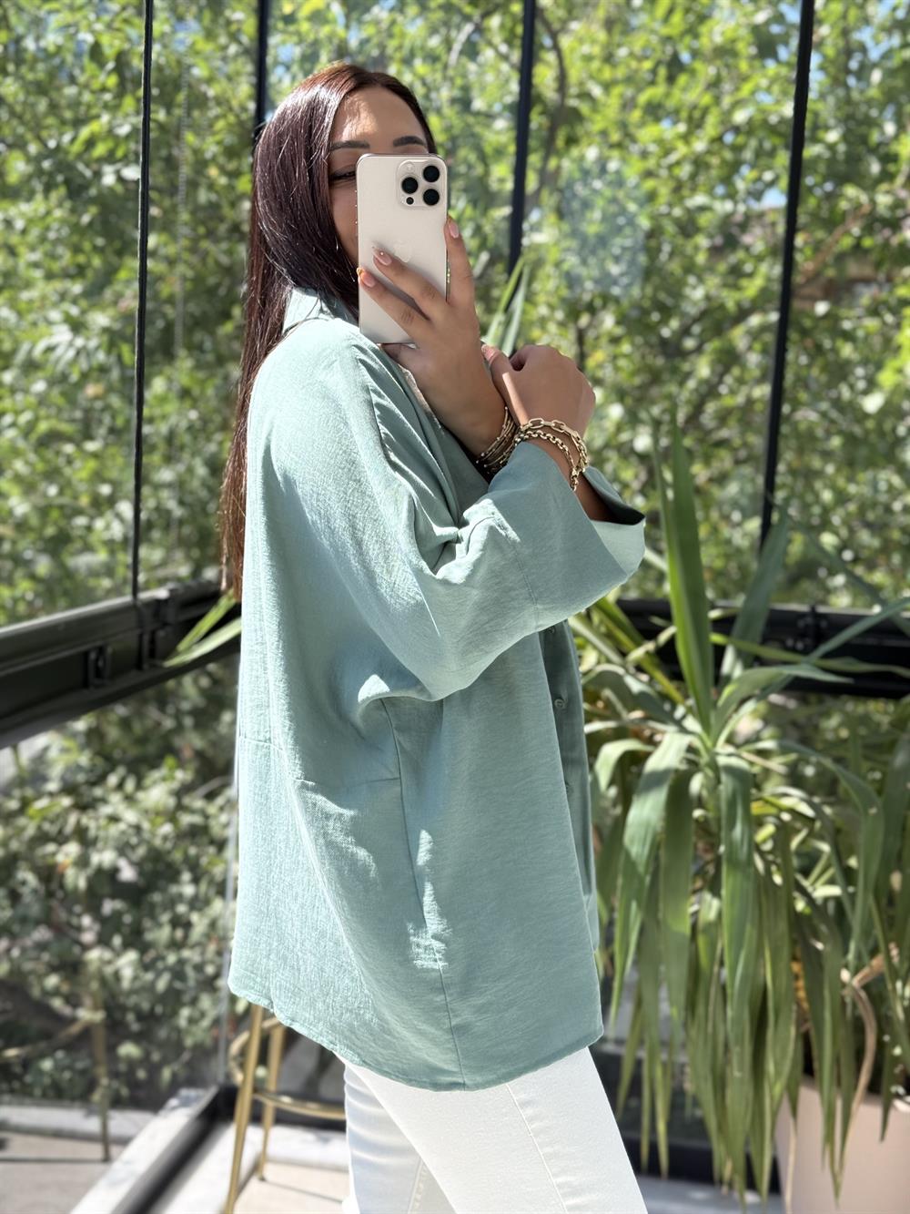 Lüx Seri Oversize Gömlek Çağla Yeşili