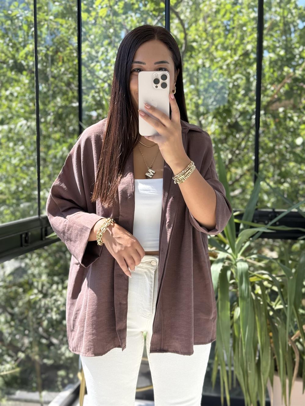 Lüx Seri Oversize Gömlek Kahve