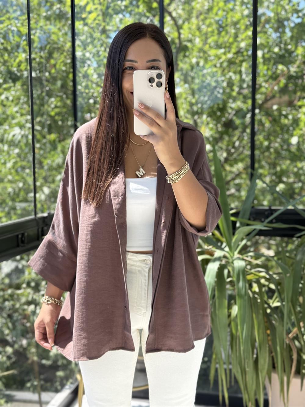 Lüx Seri Oversize Gömlek Kahve