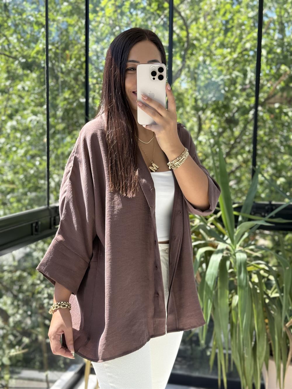 Lüx Seri Oversize Gömlek Kahve