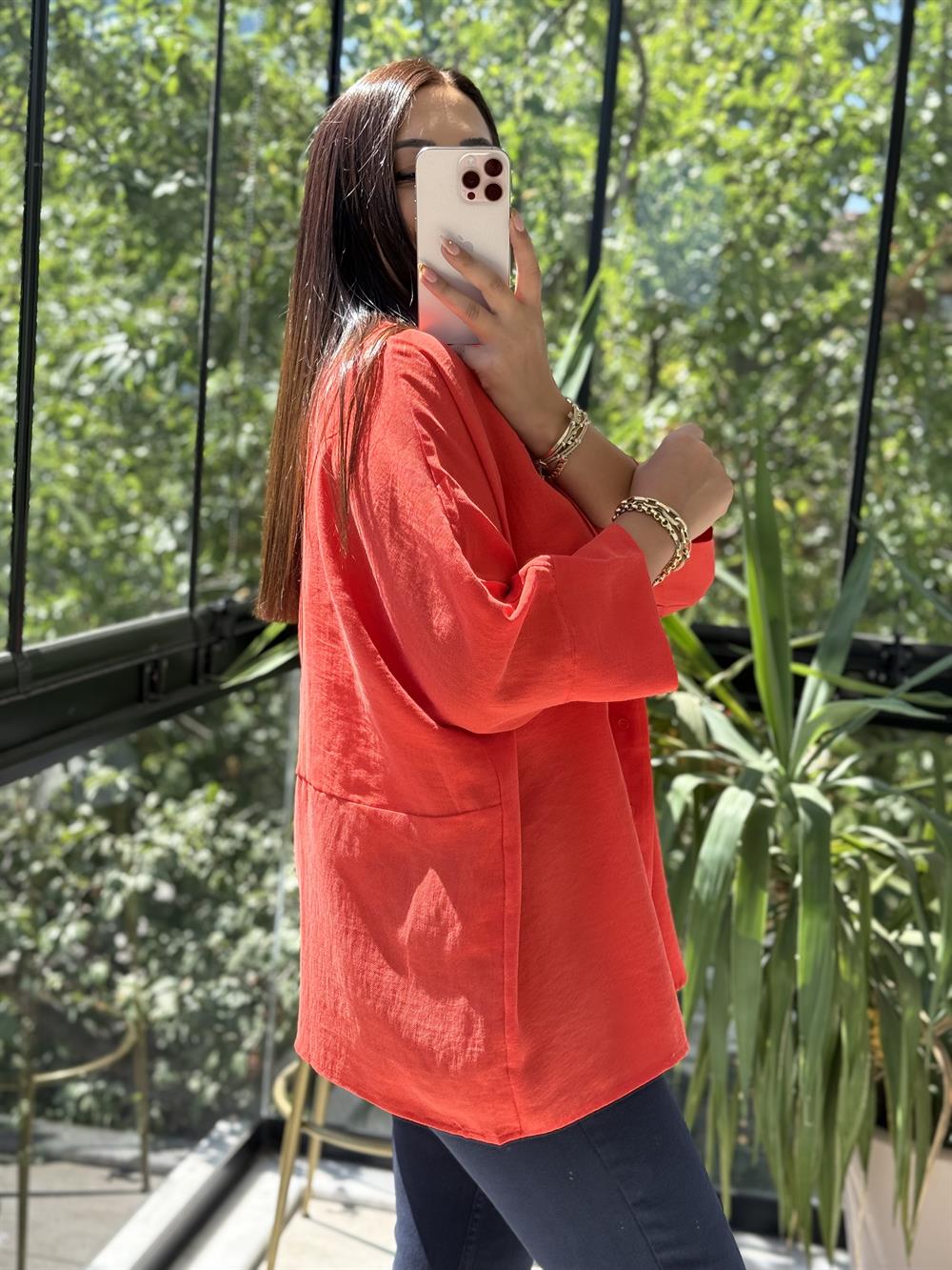 Lüx Seri Oversize Gömlek Turuncu
