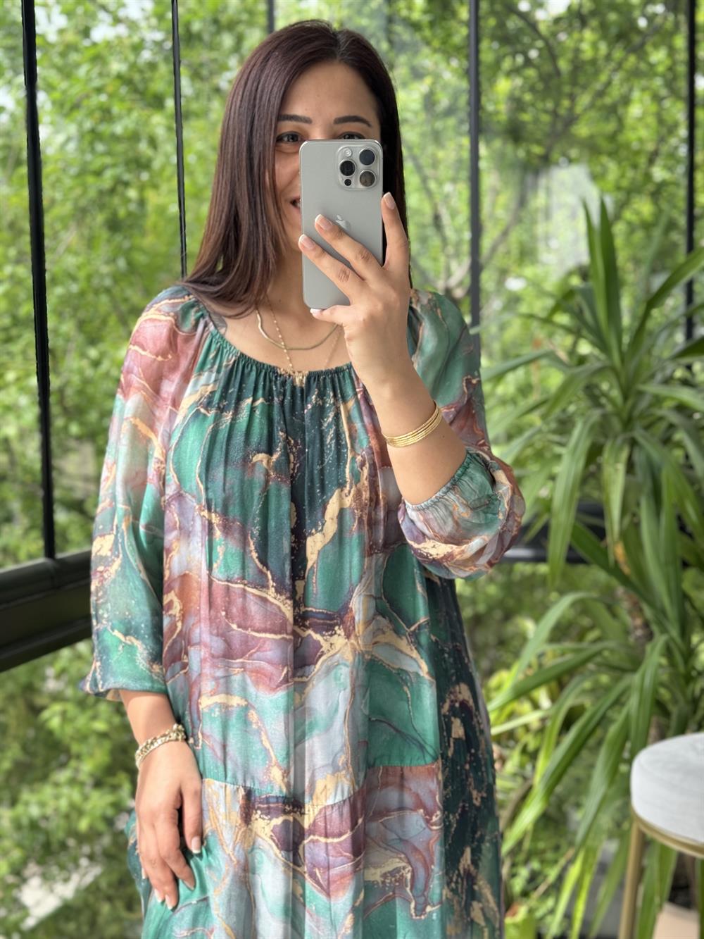 Magma Desen İpek Elbise Zümrüt