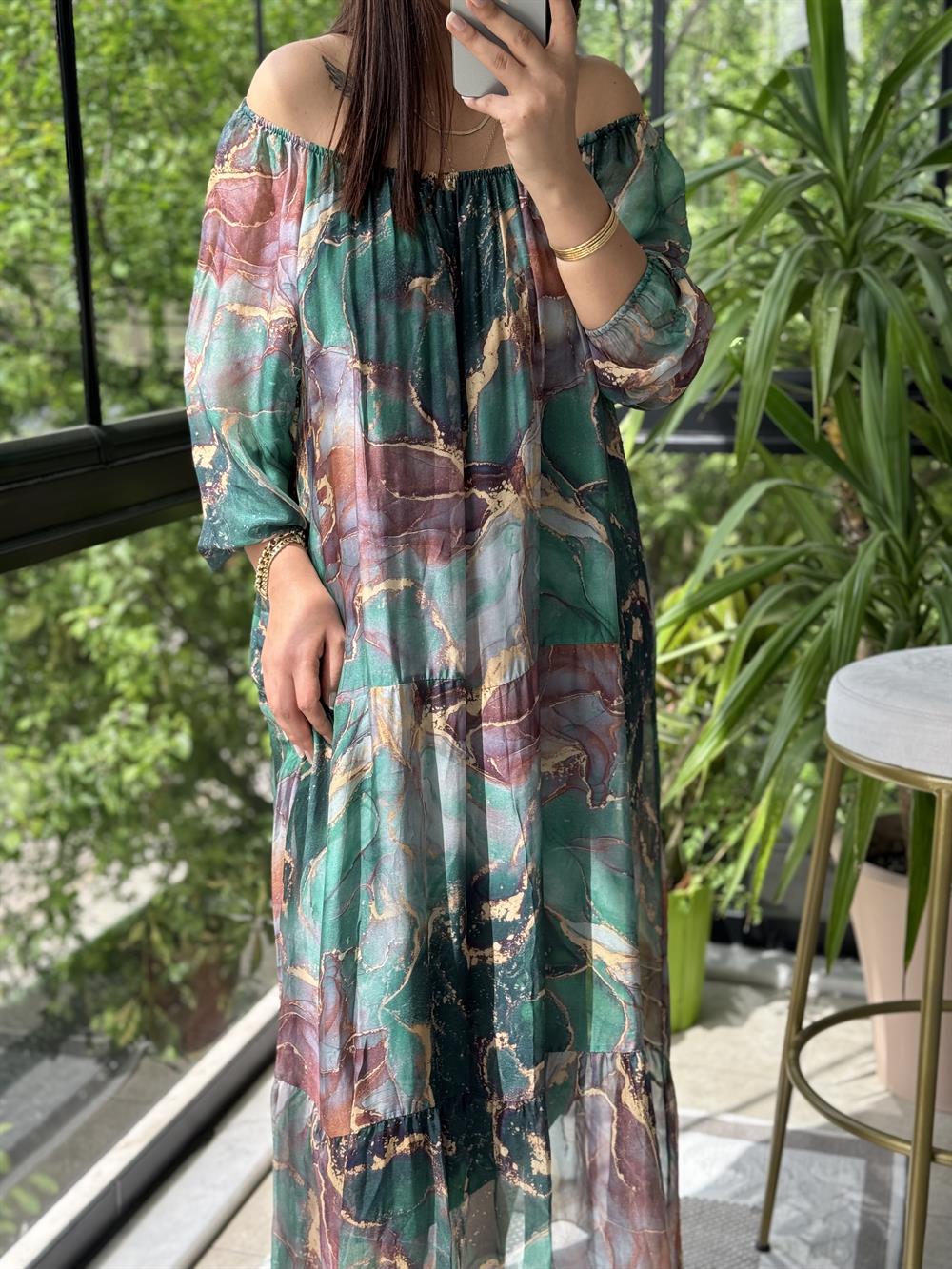 Magma Desen İpek Elbise Zümrüt