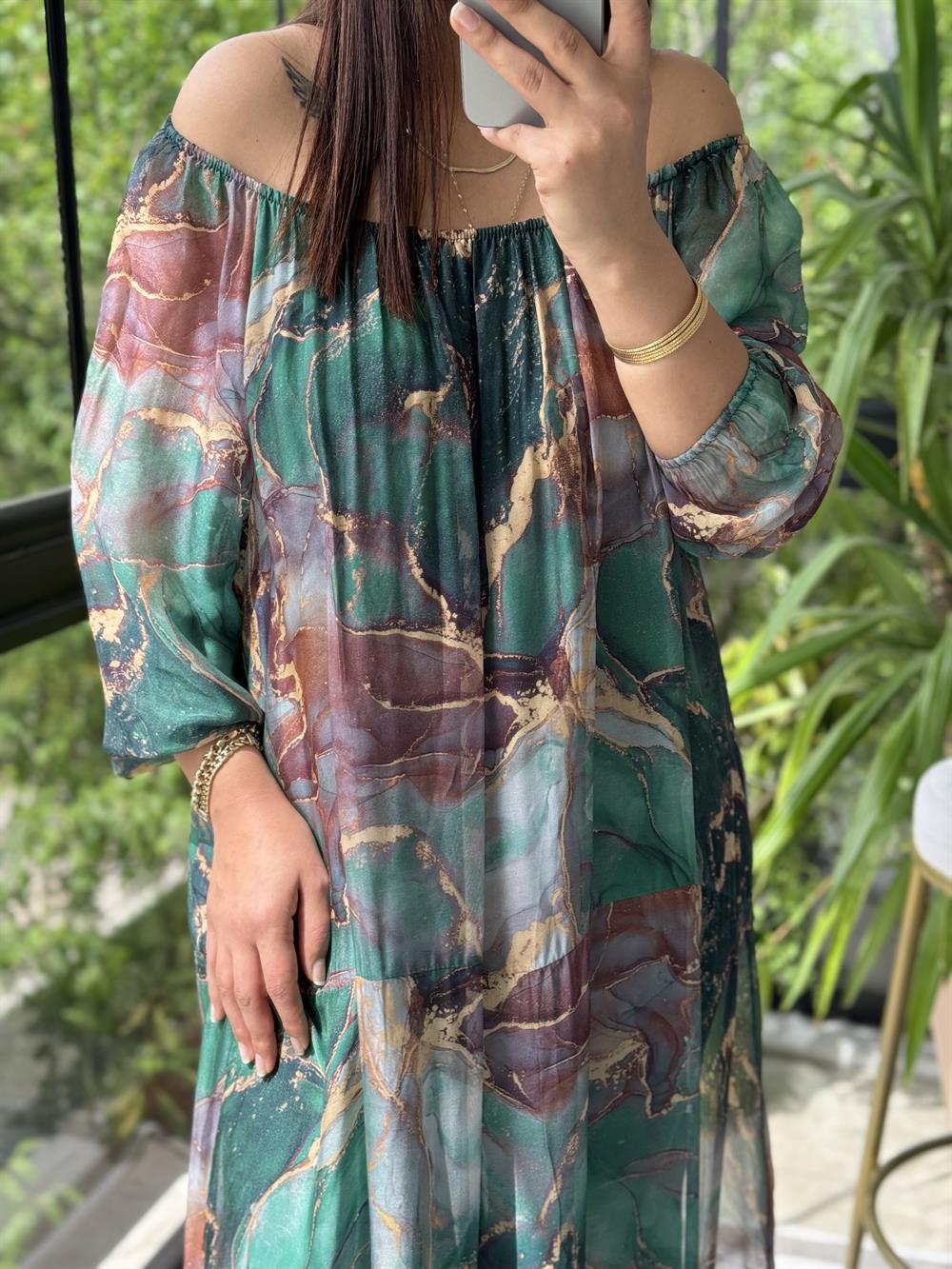 Magma Desen İpek Elbise Zümrüt