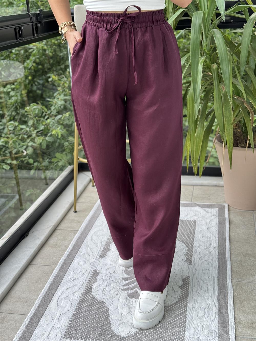 Massi Keten Pantolon Bordo