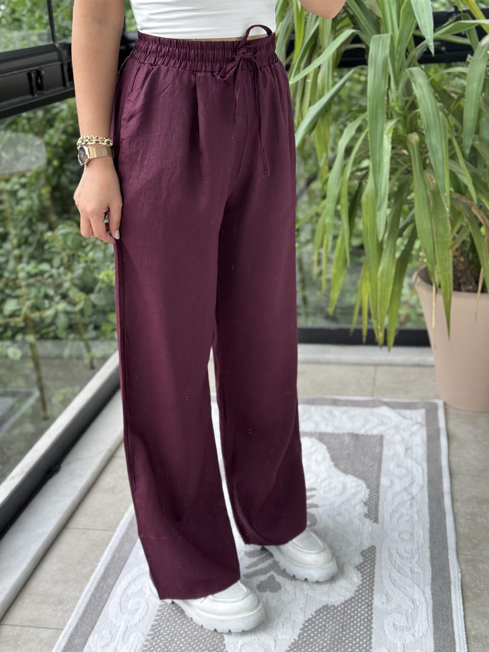 Massi Keten Pantolon Bordo