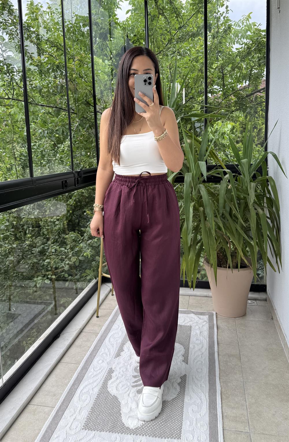 Massi Keten Pantolon Bordo