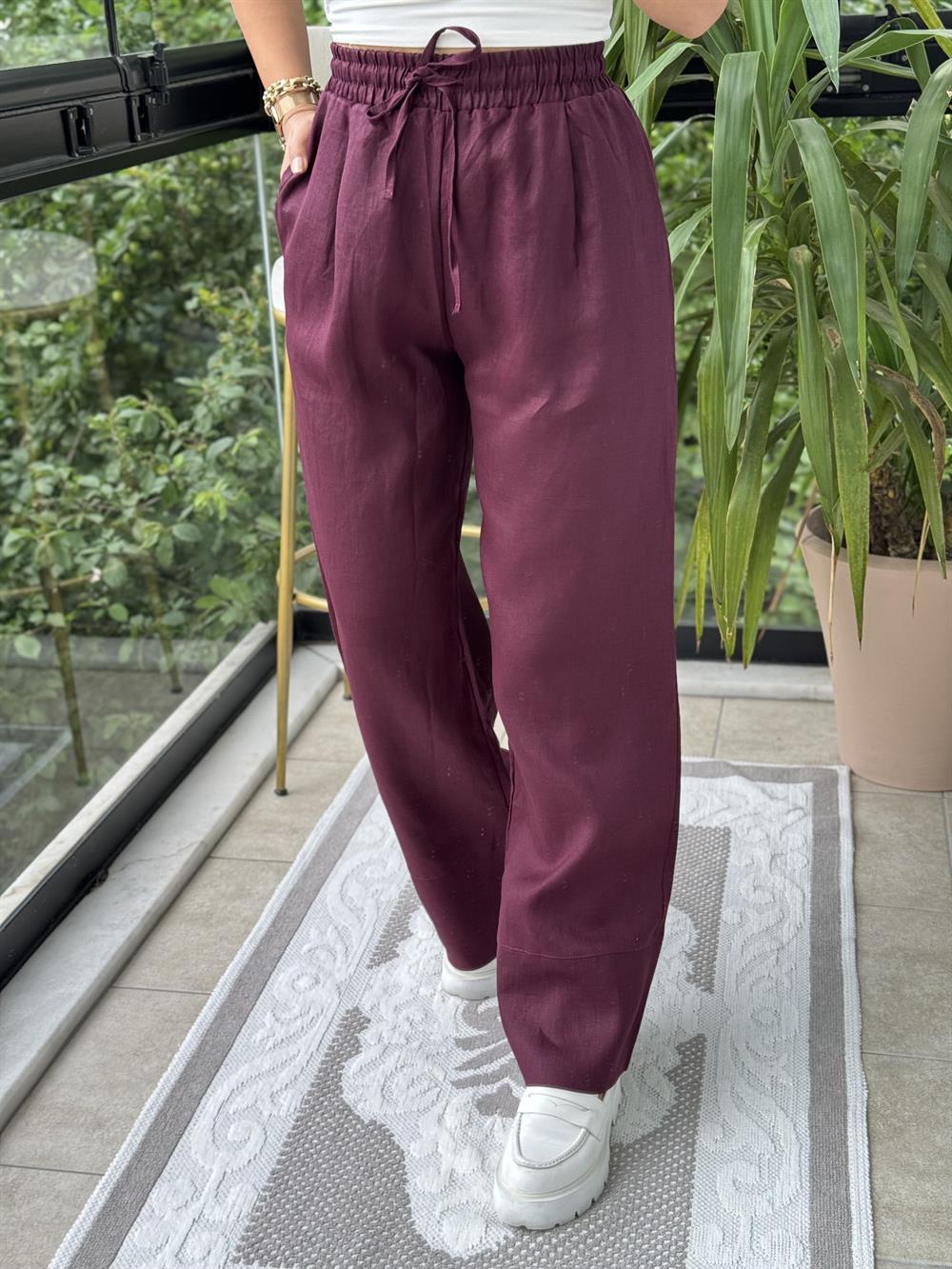 Massi Keten Pantolon Bordo