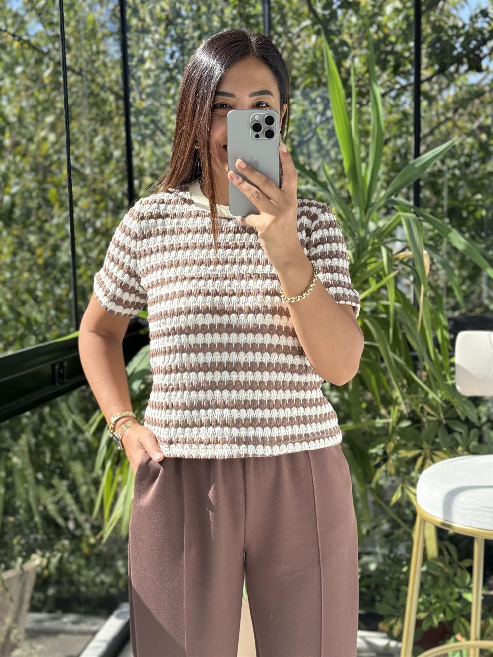 Massi Kısa Kol Triko Kahve