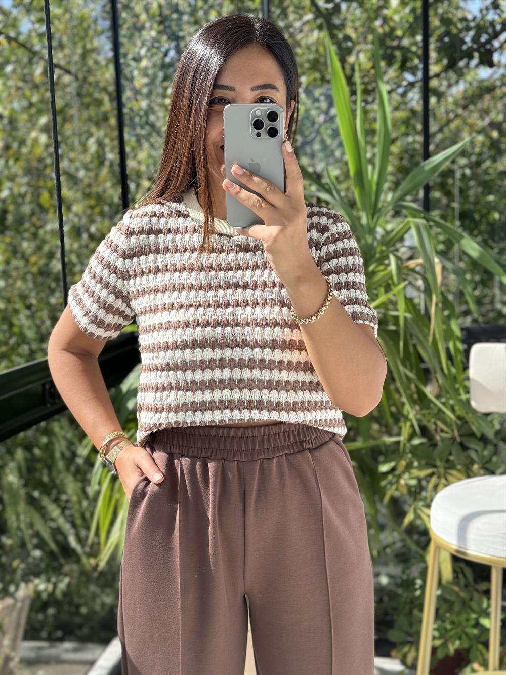 Massi Kısa Kol Triko Kahve