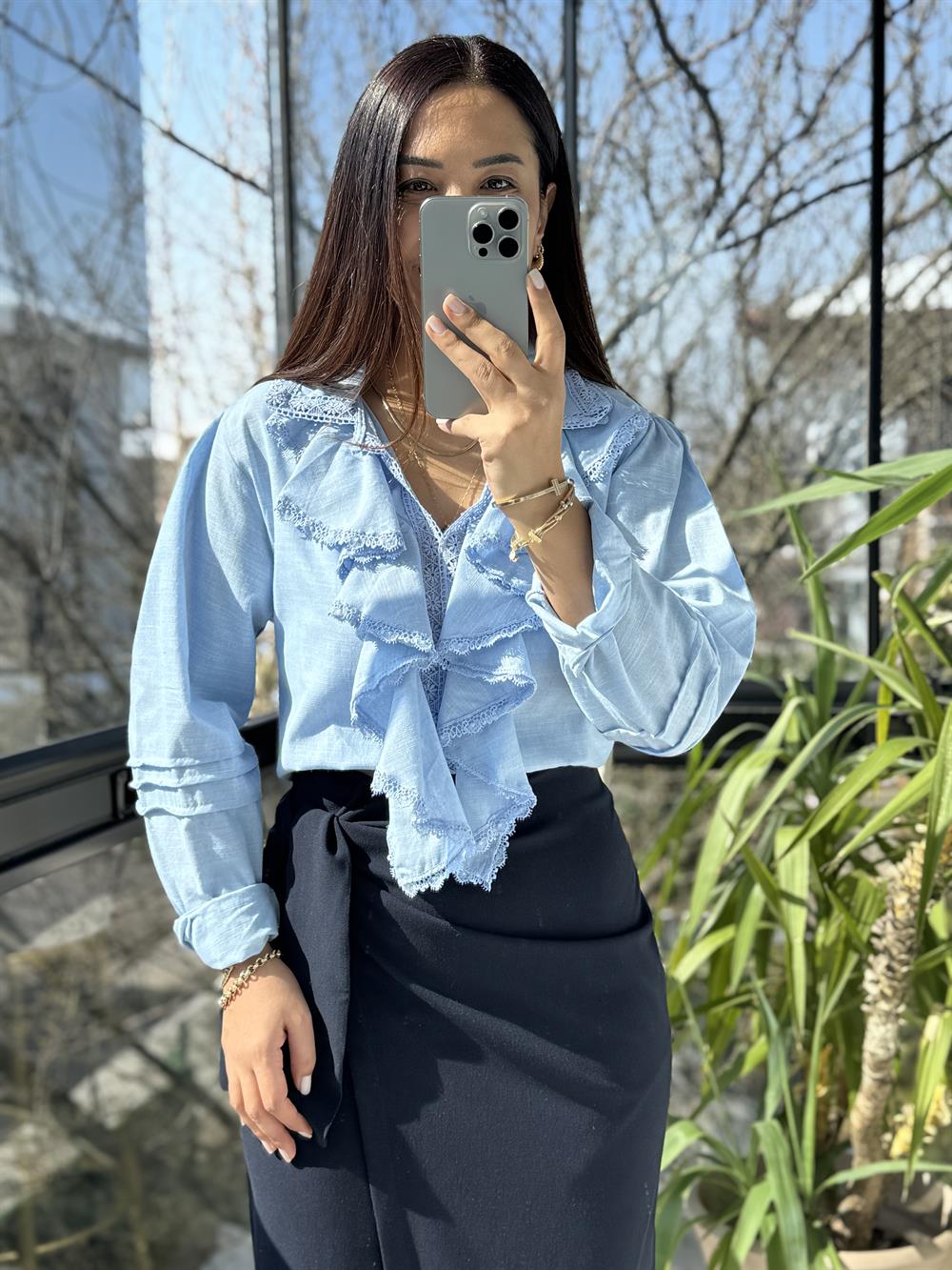 Matmazel Fırfır Yaka Dantelli Gömlek Mavi