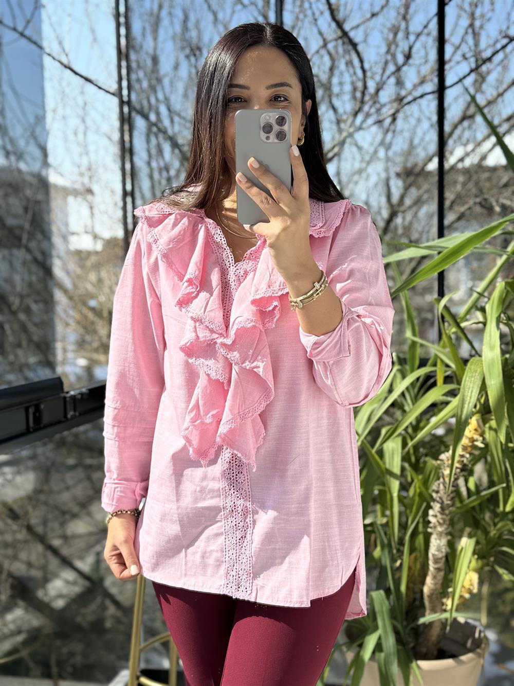 Matmazel Fırfır Yaka Dantelli Gömlek Pembe