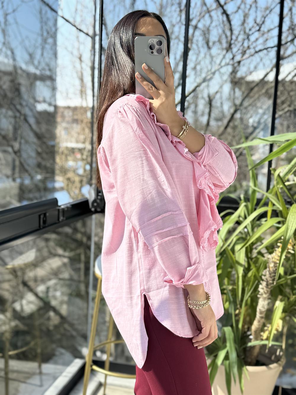 Matmazel Fırfır Yaka Dantelli Gömlek Pembe