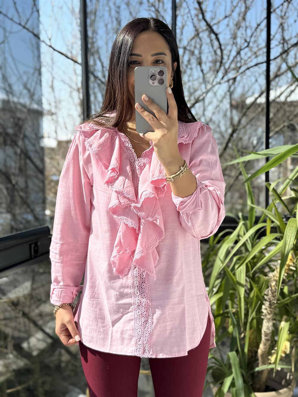 Matmazel Fırfır Yaka Dantelli Gömlek Pembe