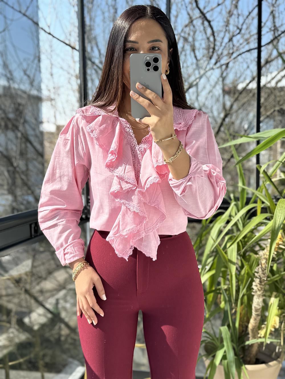 Matmazel Fırfır Yaka Dantelli Gömlek Pembe