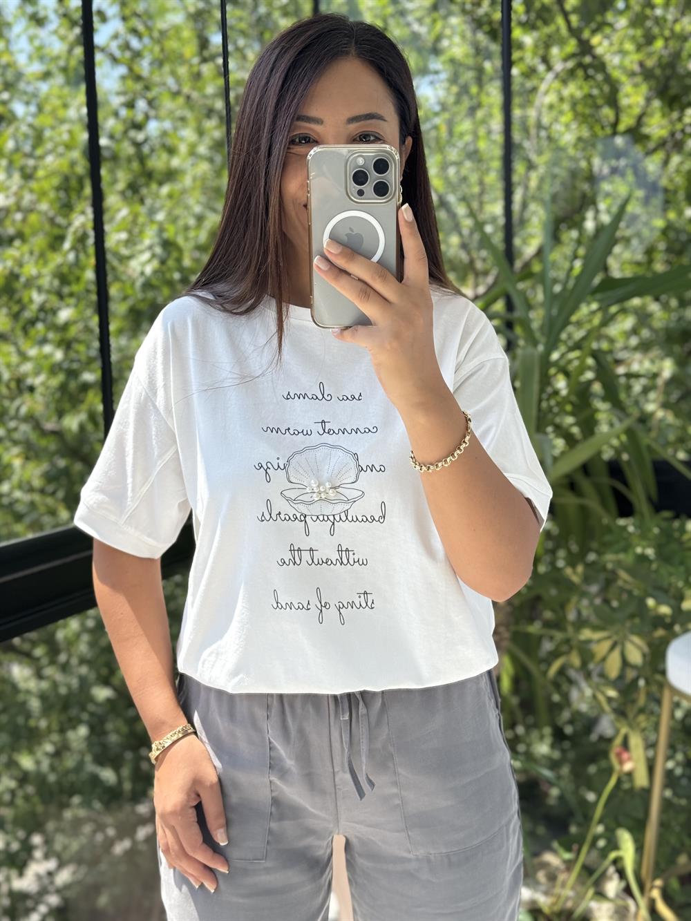 Midye İncili Tişört Beyaz