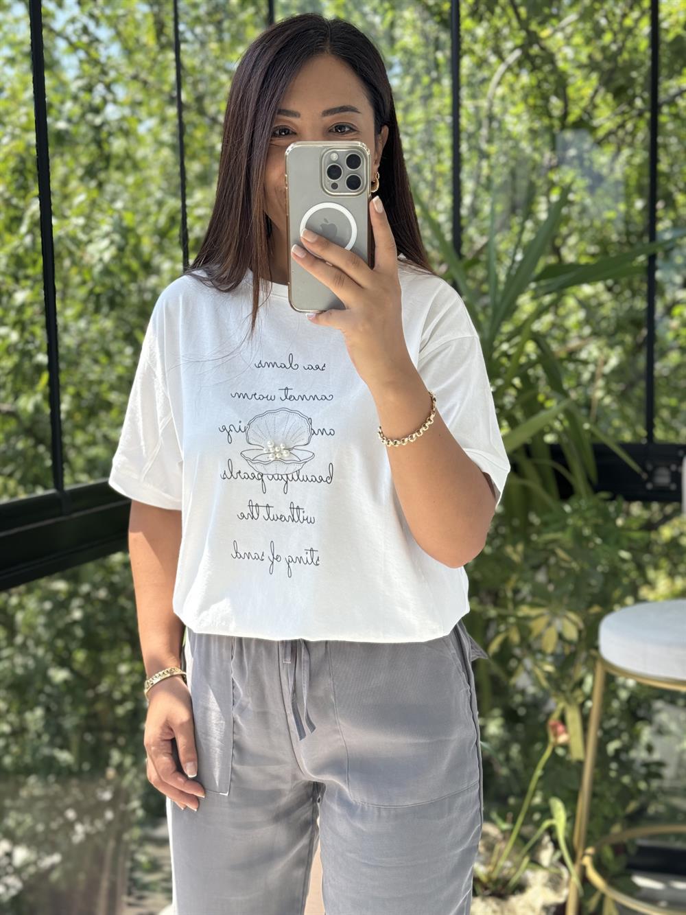 Midye İncili Tişört Beyaz