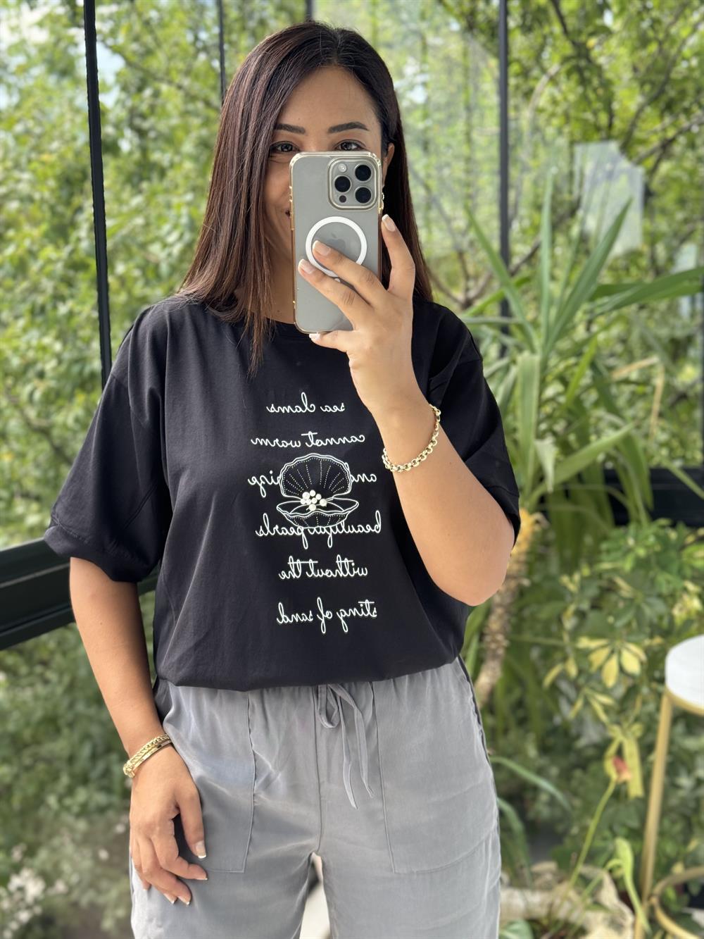 Midye İncili Tişört Siyah