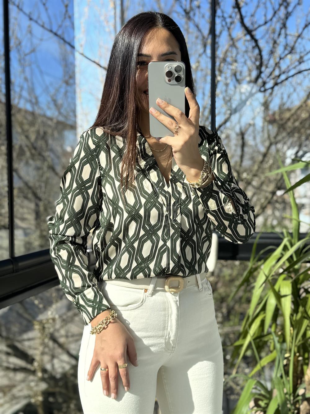 Mng Desenli Saten Gömlek Yeşil