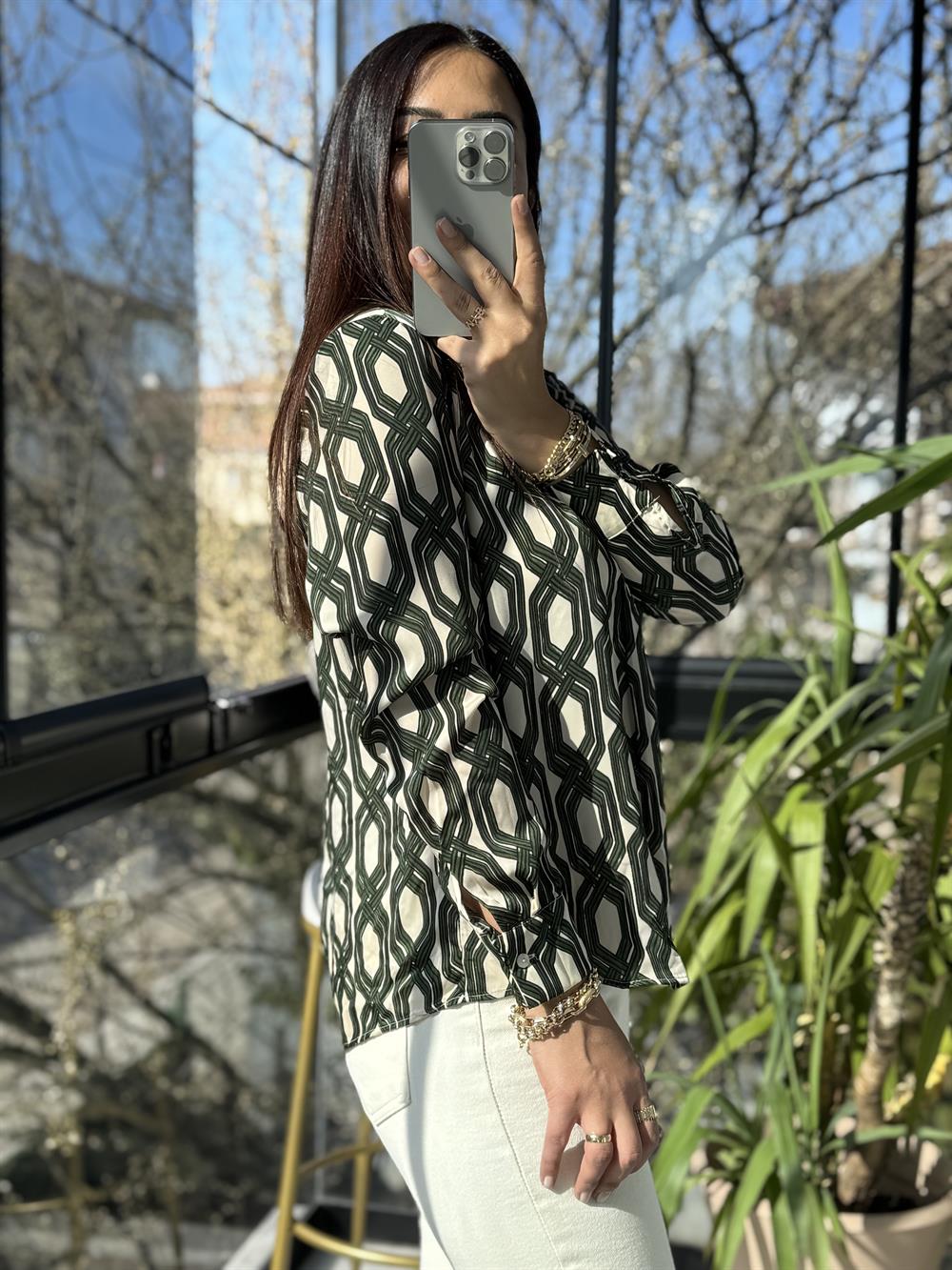 Mng Desenli Saten Gömlek Yeşil