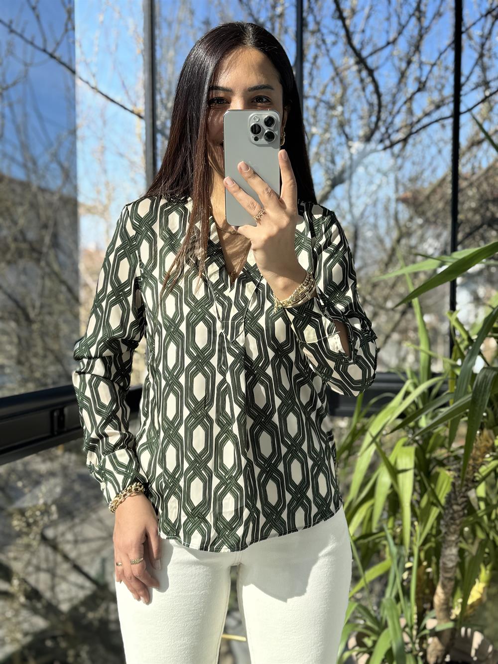 Mng Desenli Saten Gömlek Yeşil