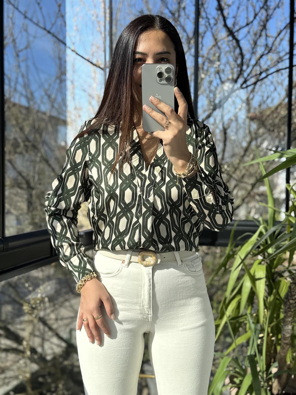 Mng Desenli Saten Gömlek Yeşil