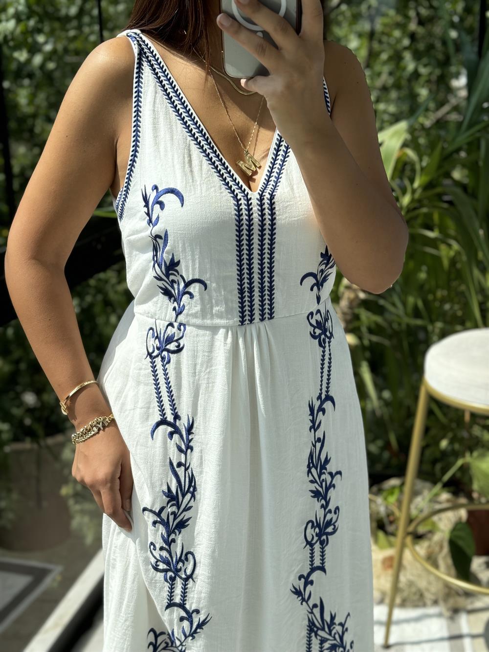 Nakışlı Askılı Elbise Lacivert