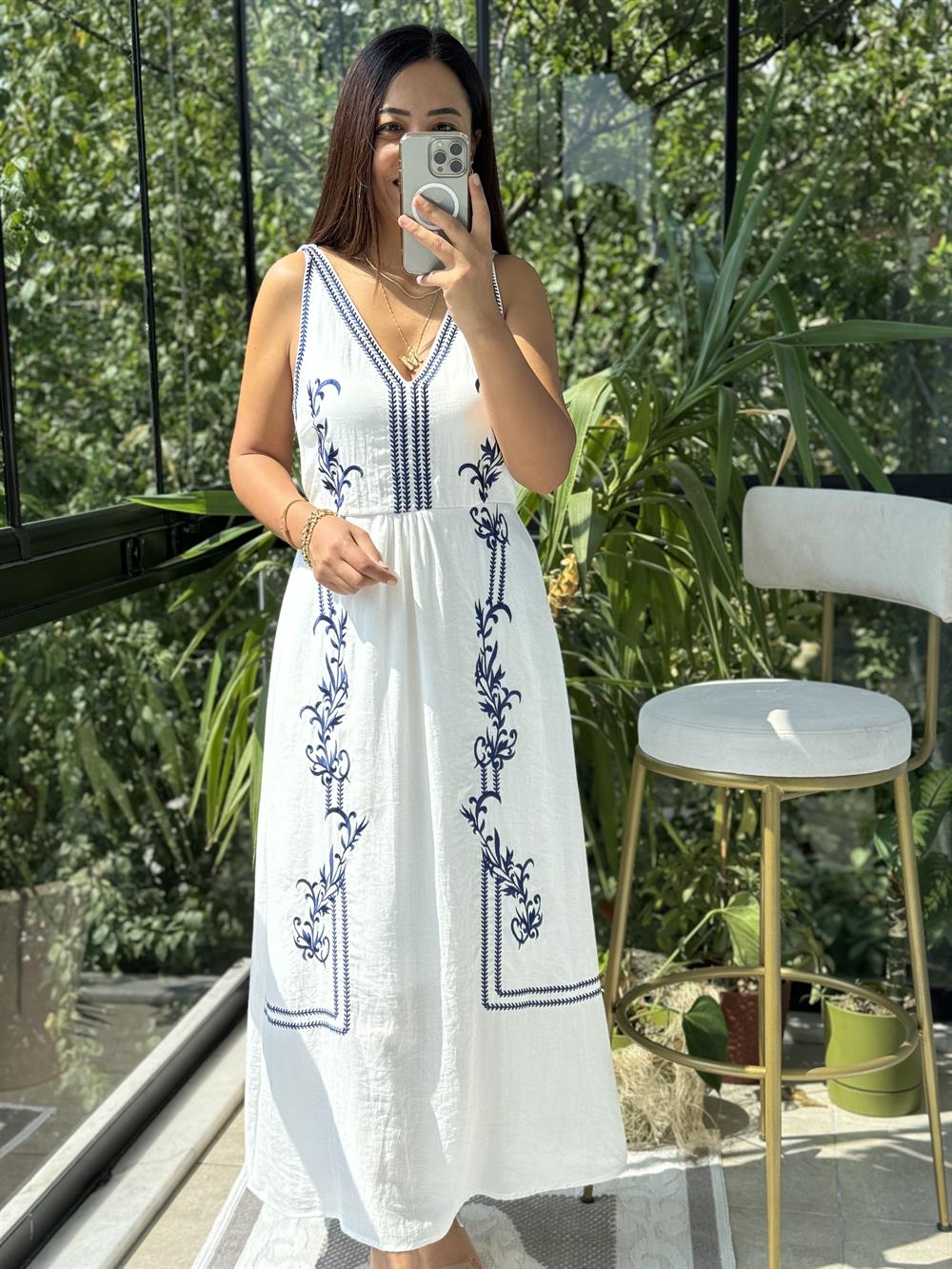 Nakışlı Askılı Elbise Lacivert