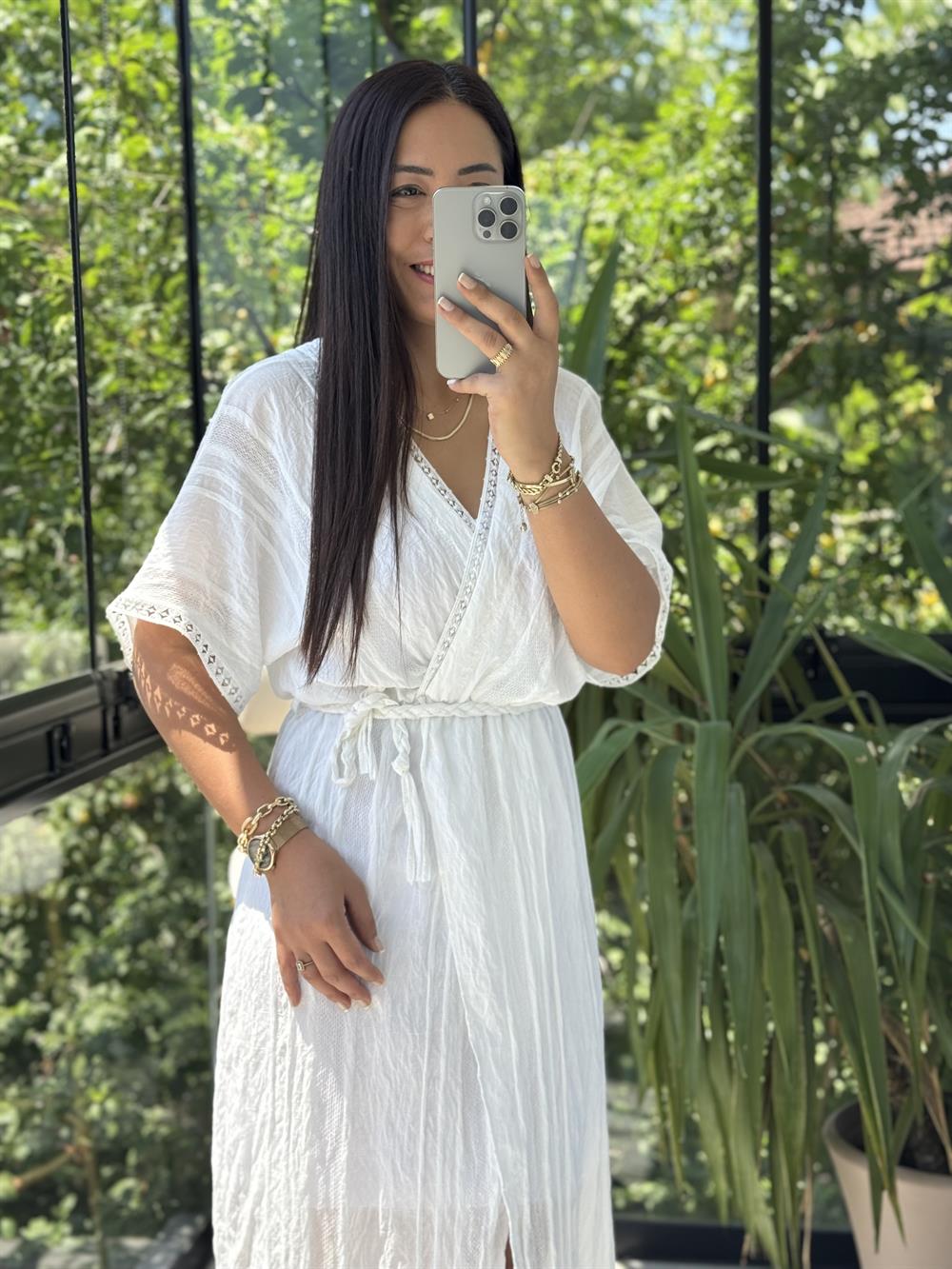 Nakışlı Kruvaze Elbise Beyaz