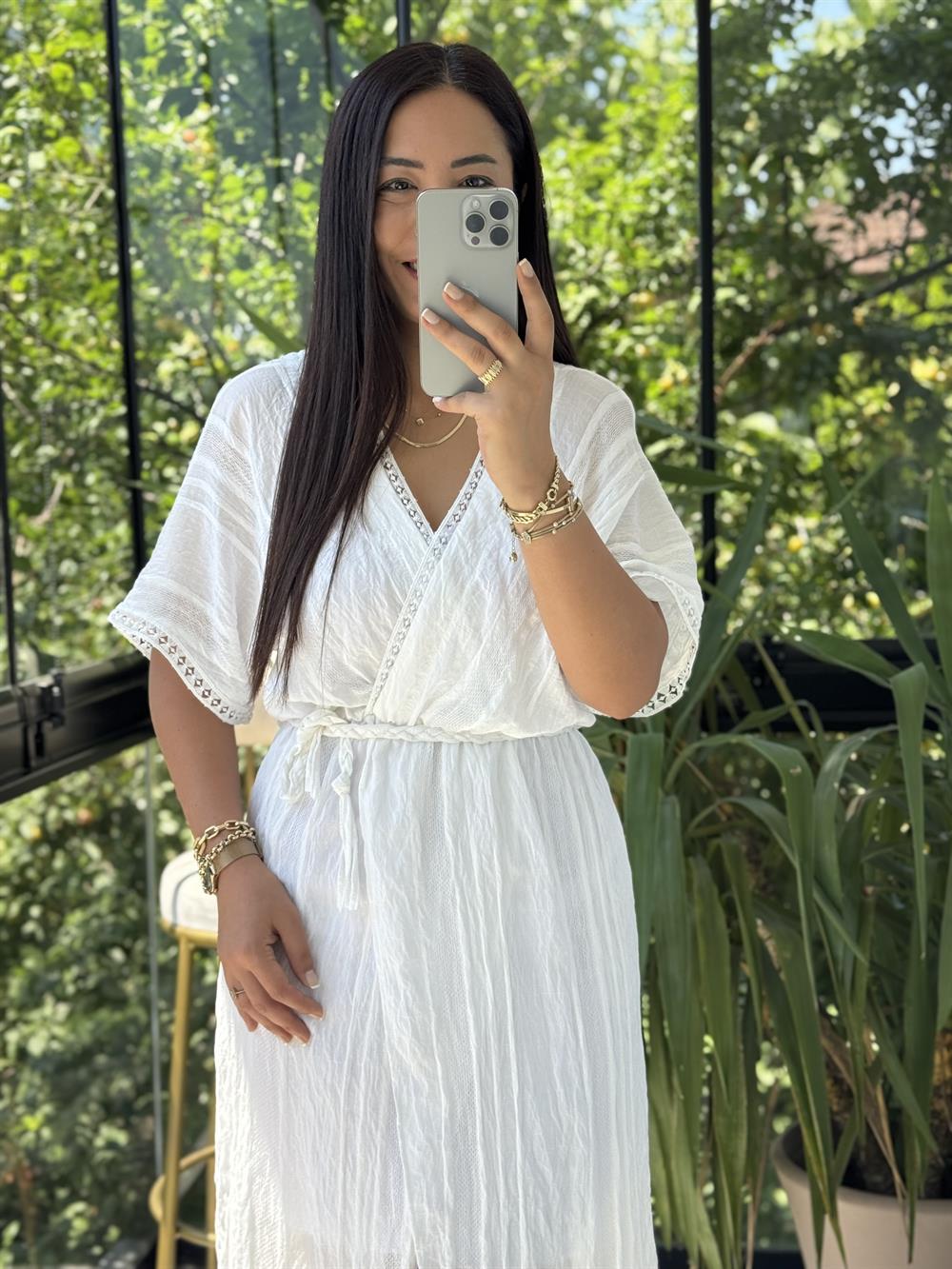 Nakışlı Kruvaze Elbise Beyaz