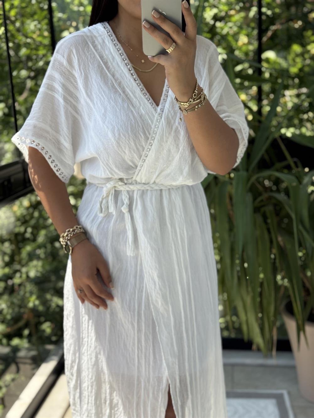 Nakışlı Kruvaze Elbise Beyaz