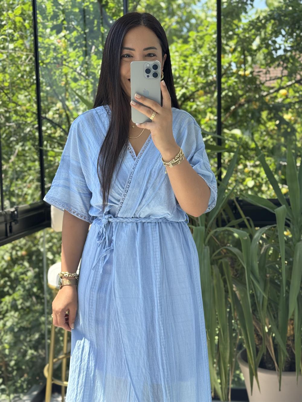 Nakışlı Kruvaze Elbise Mavi