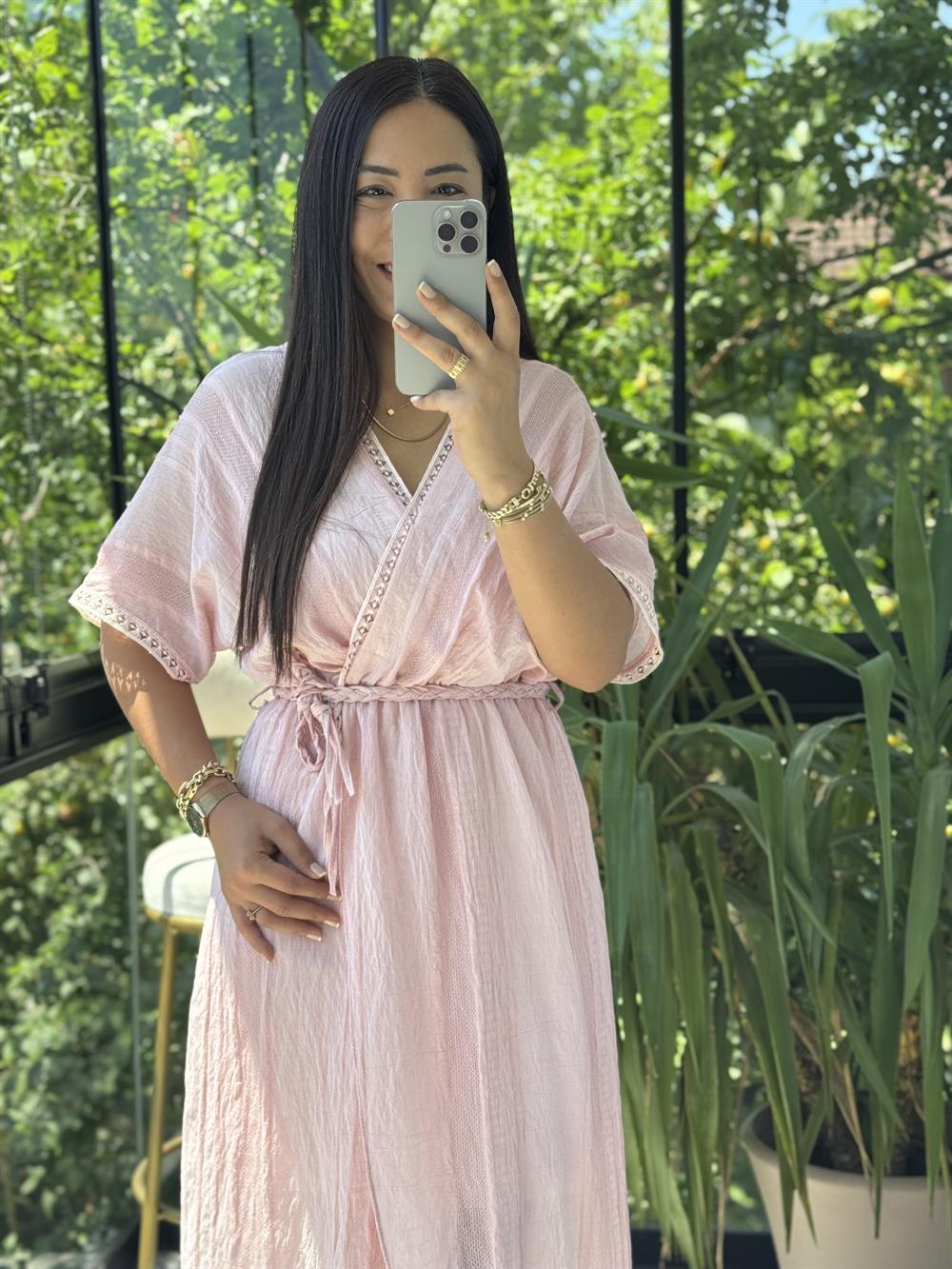 Nakışlı Kruvaze Elbise Pembe