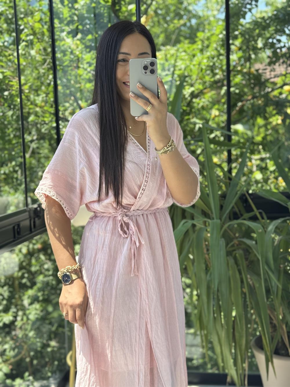 Nakışlı Kruvaze Elbise Pembe