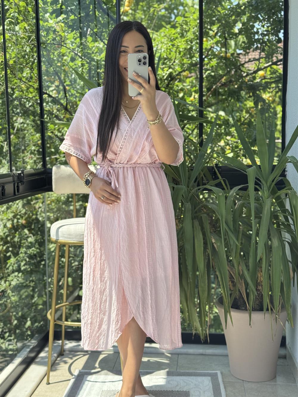 Nakışlı Kruvaze Elbise Pembe