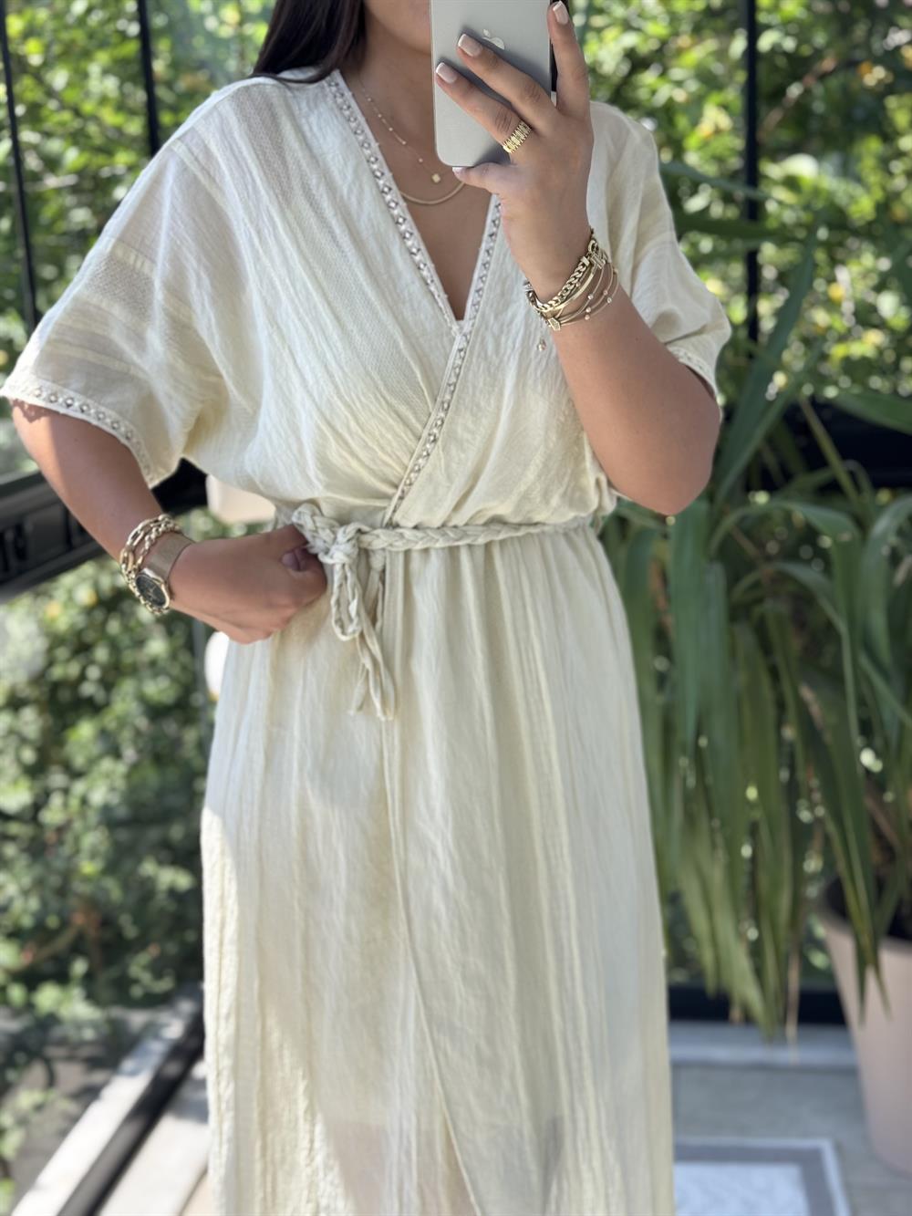 Nakışlı Kruvaze Elbise Sarı